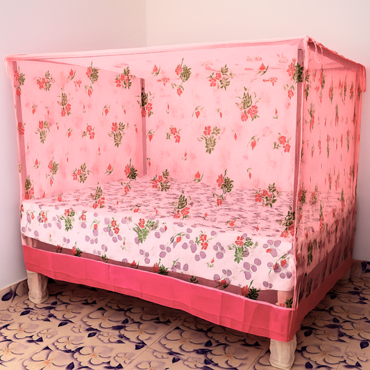 RN ENTERPRISE Elegant Floral Printed with Foam Bottom Mosquito Net  (Sweet Pink, Bed Box)